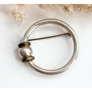 Dual Toned Gold & Sterling Silver Vintage Circular Shaped Minimalist Brooch Pin